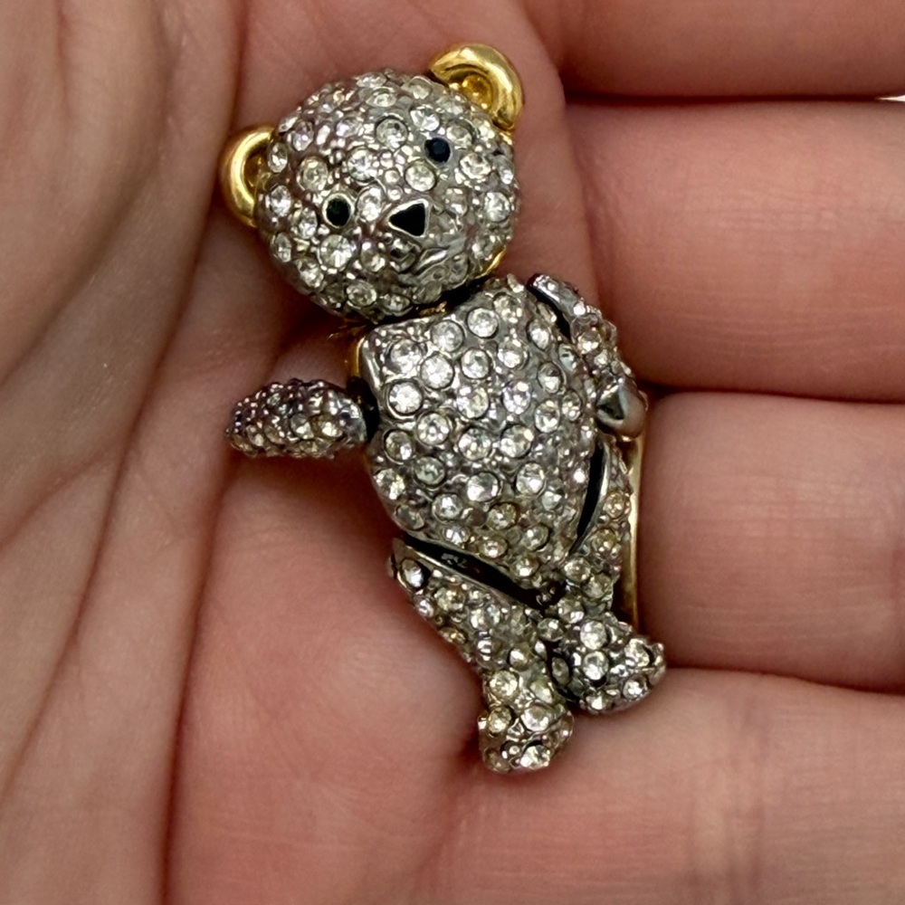 Vintage Articulated Teddy Bear Brooch Pavé Rhinestone Movable Jointed PinPendant